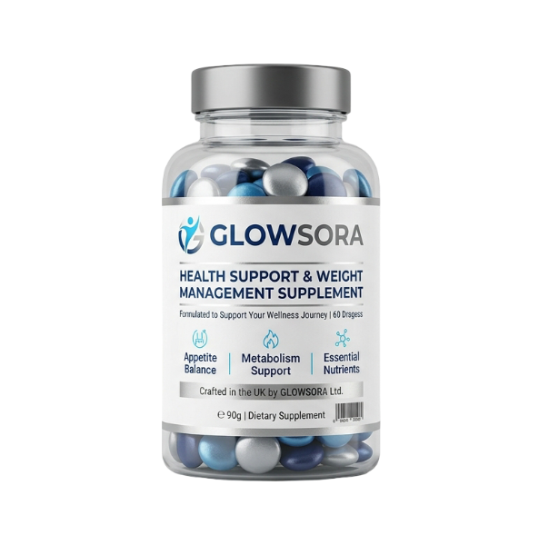 Glowsora food supplement bottle with a blue and silver label